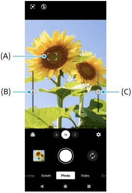 Imagen que muestra el cuadro de enfoque, A, el control deslizante de ajuste del color, B, y el control deslizante de ajuste del brillo, C, en el visor del modo [Foto].