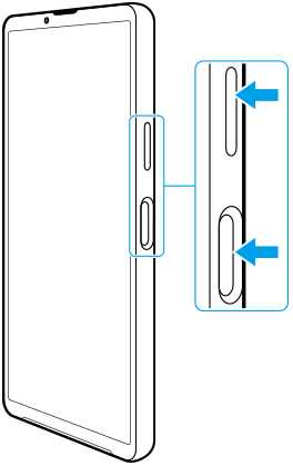 Immagine della vista anteriore, con il pulsante di aumento del volume e il pulsante di accensione e spegnimento sul lato destro.