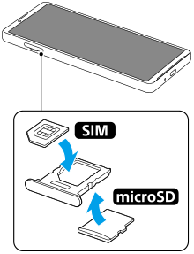 SIMカードとmicroSDカードをトレイにはめ込む図。画面を上にした状態で左側面にあるトレイを引き出し、SIMカードをトレイのおもて面に、microSDカードをトレイの裏面にはめ込む。