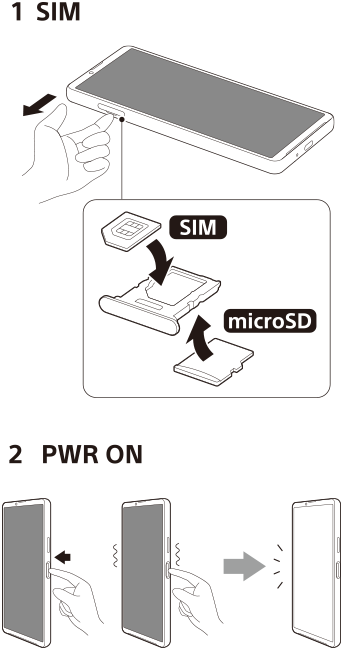 Diagrams of inserting a SIM card and a microSD card and turning on the device