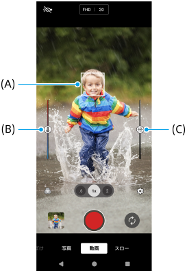 動画モードの撮影画面で、フォーカス枠A、色合いを調整するスライダーB、明るさを調整するスライダーCを示した画面。