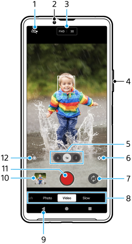カメラアプリの動画モードの各部の名称。画面上部1から3、本体右側面4、画面下部5から12。