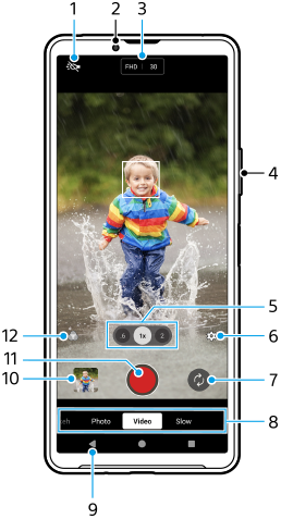 Afbeelding die laat zien waar elke functie zich bevindt in de modus [Video] van de Camera-app. Bovenste gebied, 1 t/m 3. Rechterkant van het apparaat, 4. Onderste gebied, 5 t/m 12.