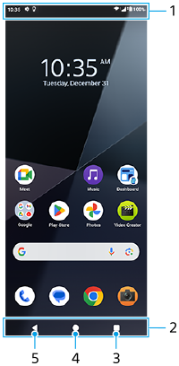 Afbeelding die laat zien waar elke functie zich bevindt op het Startscherm. Bovenste gebied, 1. Onderste gebied, van rechts naar links, 2 t/m 5.