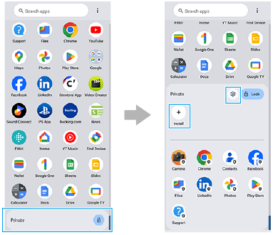 Afbeelding die laat zien waar u moet tikken om het Privégedeelte in de applade te ontgrendelen, en afbeelding die het pictogram Instellingen en pictogram Installeren in het Privégedeelte laat zien.