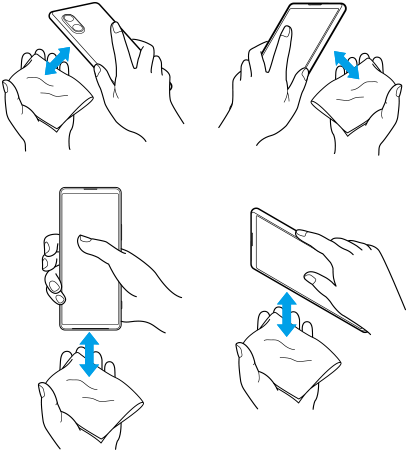 ภาพของการเช็ดความชื้นออกจากด้านหลัง ด้านหน้า ด้านล่าง ด้านซ้าย และด้านขวาของอุปกรณ์