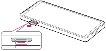 Diagram of dragging out the tray on the left side in front view. The location of the notch on the device is shown.