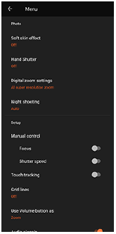 Image of the Camera settings menu in the [Photo] mode