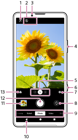 Image showing where each function is located on the [Photo] mode screen in the Camera app. Upper area, 1 to 3. Right side of the device, 4 and 6. Lower area, 5, and 7 to 13.