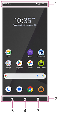 Image showing where each function is located on the Home screen. Upper area, 1. Bottom area from right to left, 2 to 5.