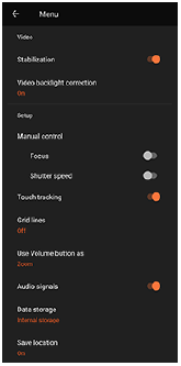 Imagen del menú de ajustes de la cámara en el modo [Vídeo]