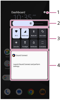 Kuva, joka näyttää, missä kukin toiminto sijaitsee koontinäytössä. Ylhäältä alas, 1–4.