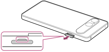Illustration du retrait du support sur le côté droit dans la vue arrière. L'emplacement de l'encoche sur l'appareil est indiqué.
