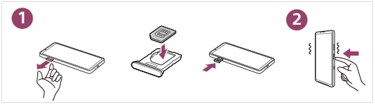 Image montrant comment retirer le plateau de la carte SIM, insérer une carte SIM, puis allumer l'appareil.