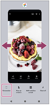 Image indiquant où effectuer le balayage pour sélectionner l’application dont vous souhaitez effectuer une capture d’écran et la position du bouton Capture d’écran