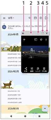 ポップアップウィンドウの各アイコンを示した図。ポップアップウィンドウ上部、左から右へ1から5。