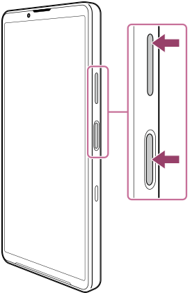 Afbeelding van het vooraanzicht, met de volumeknop omhoog en de aan/uit-knop aan de rechterkant.