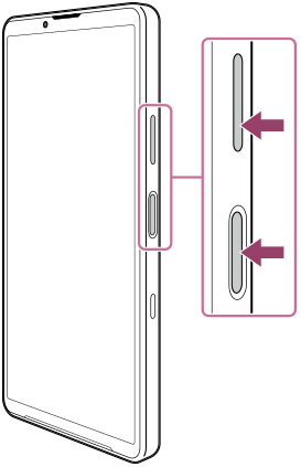Diagrama da vista frontal que mostra o botão de diminuição do volume e o botão de ligar/desligar no lado direito.