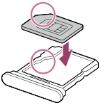 Diagrama de colocação de um cartão SIM no tabuleiro. O canto angular do cartão SIM e o canto angular do tabuleiro estão assinalados com um círculo.
