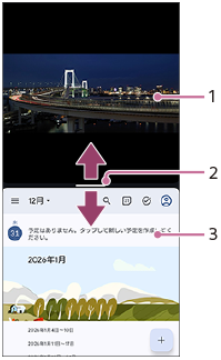 分割画面の各部の名称。上側の画面1、分割画面の仕切り線2。下側の画面3。