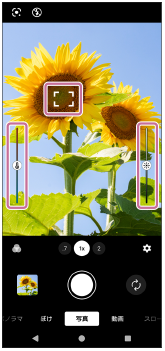 写真モードの撮影画面で、左上のフォーカス枠、左側の色合いを調整するスライダー、右側の明るさを調整するスライダーの位置を示した画面。