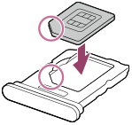 Diagram of placing a SIM card in the tray. The one angled corner of the SIM card and the angled corner of the tray are circled.