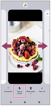 Image showing where to swipe to select the app that you want to display in the small window and the position of the pop-up window button