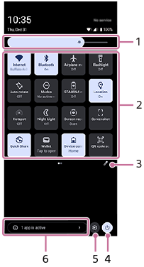 Image showing where each function is located in the Quick settings panel. Upper area from top to bottom, 1 to 3. Bottom area from right to left, 4 to 6.