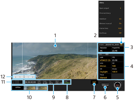 Изображение, показващо къде се намира всеки параметър на екрана на приложението Cinema Pro. Горна лява област, 1. Горна дясна област, 2 и 3. Централна дясна област, 4. Долна област, от дясно на ляво, от 5 до 12.