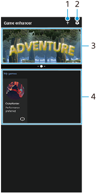 Snímek ukazující, kde se každá funkce nachází na obrazovce Vylepšení her. Pravá horní oblast zleva doprava, 1 a 2. Horní oblast, 3. Středová oblast, 4.
