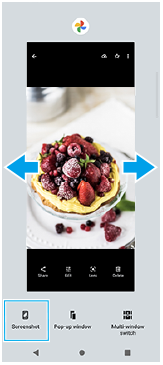 Snímek ukazující, kde přejet prstem a vybrat aplikaci, z které chcete pořídit snímek obrazovky, a polohu tlačítka snímku obrazovky