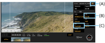 Bild, das zeigt, wo sich die einzelnen Parameter auf dem Cinema Pro-Anwendungsbildschirm befinden. Rechter Bereich von oben nach unten, (A), (B) und (C).