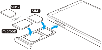 Diagram of inserting SIM cards and a memory card into the slot. Left side in front view, placing the main SIM card on the lower tray and a memory card or secondary SIM card on the upper tray.