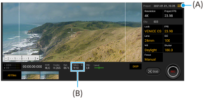 Imagen de la pantalla Cinema Pro que muestra la numeración de cada función. Área superior derecha, A. Área inferior, B.
