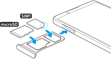 SIMカードとmicroSDカードの挿入図。正面から見て上部左のSIMカードトレイを引き出し、メインSIMカードを下側のトレイに、microSDカードを上側のトレイに配置する。