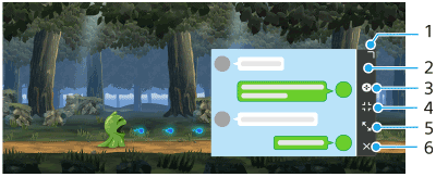 Snímek ukazující, kde se při hraní hry nachází každá ikona v místním okně. Pravá strana, od shora dolů, 1 až 6.