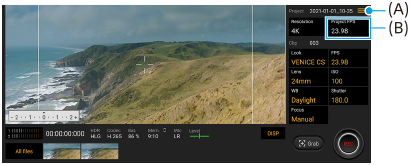 Bild des Cinema Pro-Bildschirms, das die Nummerierung der einzelnen Funktionen zeigt. Rechter oberer Bereich von oben nach unten, A und B.