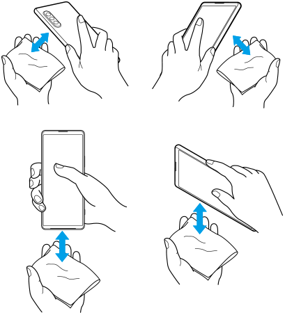 Image of wiping away moisture from the rear, front, bottom, and left and right sides of the device