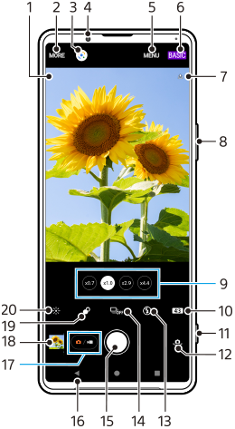 Images showing where each function is located on the Photo Pro standby screen in the BASIC (Basic) Photo mode. Upper area, 1 to 7. Right side of the device, 8 and 11.  Lower area, 9 to 10 and 12 to 20.