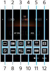 Image showing where each icon is located on the Photo Pro standby screen in the AUTO/P/S/M mode. Upper row from left to right, 1 to 6. Lower row from left to right, 7 to 12.