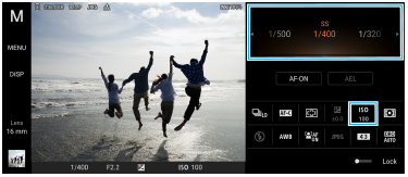 Imagen que muestra dónde ajustar la velocidad de obturación y la sensibilidad ISO en la pantalla de espera de Photo Pro en el modo de exposición manual.