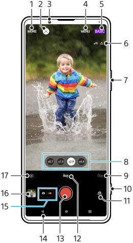 Obrazy przedstawiające rozmieszczenie poszczególnych funkcji na ekranie gotowości aplikacji Photo Pro w trybie Nagranie wideo BASIC (Podstawowe). Obszar górny: 1 do 6. Prawa krawędź urządzenia: 7 i 10. Obszar dolny: 8 do 9 i 11 do 17.