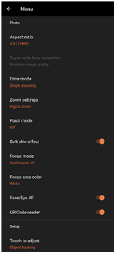 Obraz menu ustawień aplikacji Photo Pro