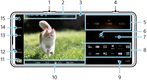 Obraz przedstawiający rozmieszczenie poszczególnych parametrów na ekranie gotowości aplikacji Photo Pro w trybie AUTO/P/S/M. Górna krawędź urządzenia: 1 i 4. Obszar środkowy: 2 i 3. Obszar prawy, od góry do dołu: 5 do 8. Dolny obszar: 9 i 10. Obszar lewy, od dołu do góry: 11 do 15.