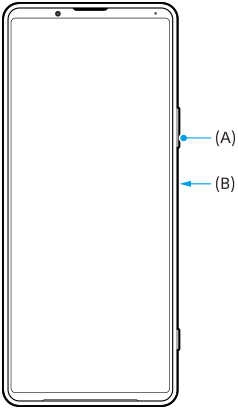 Diagrama da vista frontal que mostra a tecla Ligar/Deslig. e a tecla de diminuição do volume. Lado direito, de cima para baixo, A e B.