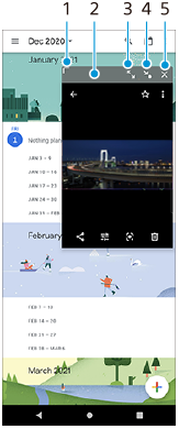 Imagem que mostra onde cada ícone está localizado na janela de pop-up. Área superior direita da esquerda para a direita, 1 a 5.