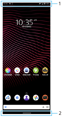 图像显示了每个功能在主屏幕上的位置。上部区域，1。底部区域，2。