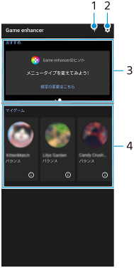 Game enhancer画面の各部の名称。画面右上1と2、画面上部3、画面中央4。