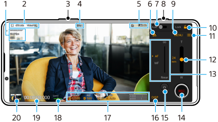 Video Pro撮影モード画面の各部の名前。画面左側上部1と2、4と5、本体上側面3と8、画面右側エリア6から16、画面下部右から左へ17から20。
