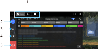 Game enhancerのライブ配信画面の各部の名前。画面左上1、画面左エリア上から下へ2から5。
